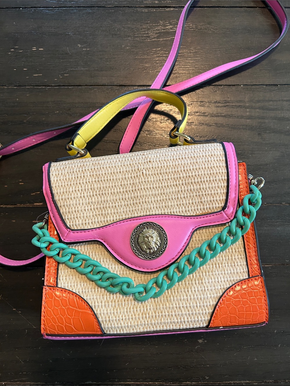 Aldo Bright Multicolor Straw Crossbody Bag with Chain Accent